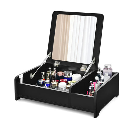 Compact Bay Window Makeup Dressing Table with Flip-Top Mirror-Black