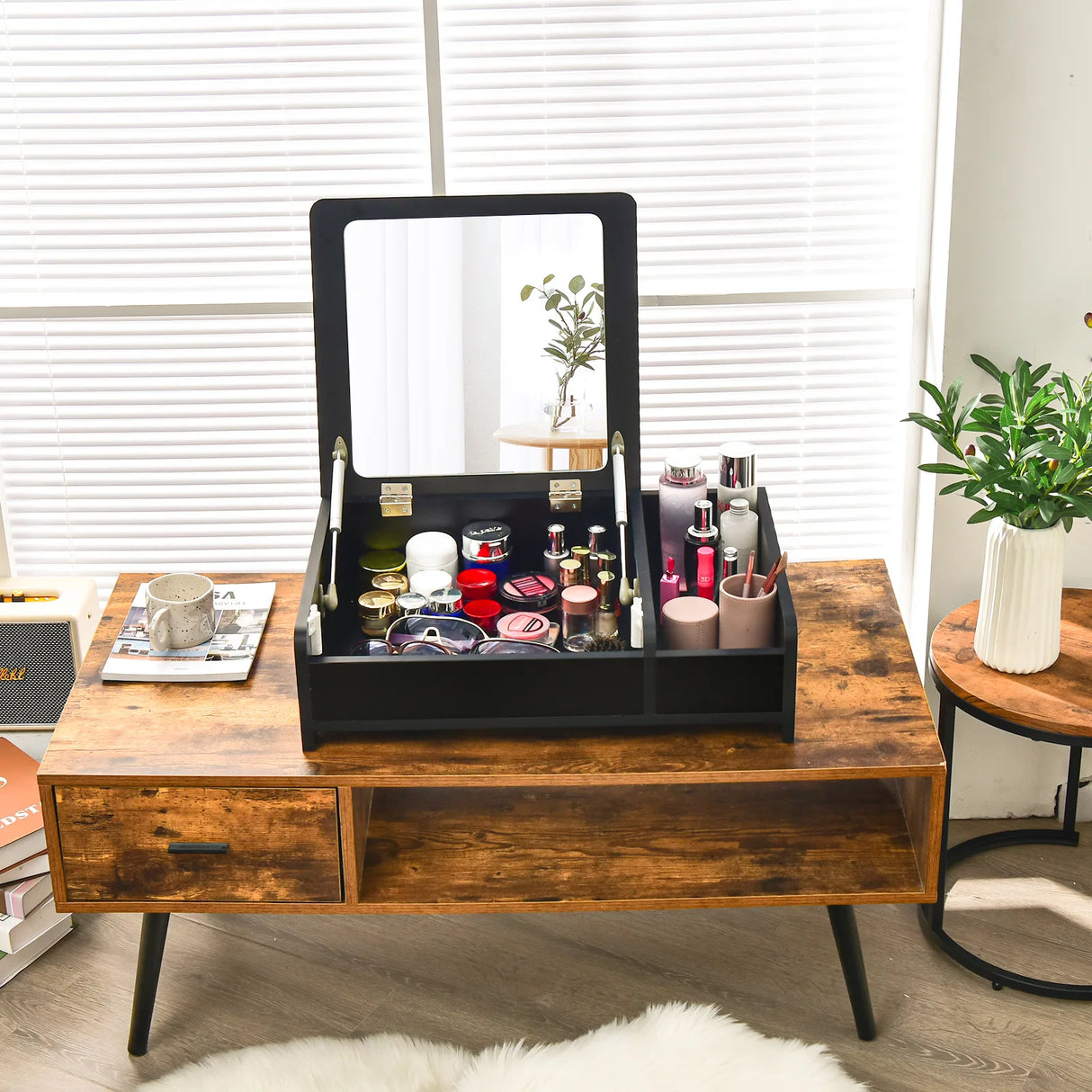 Compact Bay Window Makeup Dressing Table with Flip-Top Mirror-Black