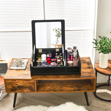 Compact Bay Window Makeup Dressing Table with Flip-Top Mirror-Black