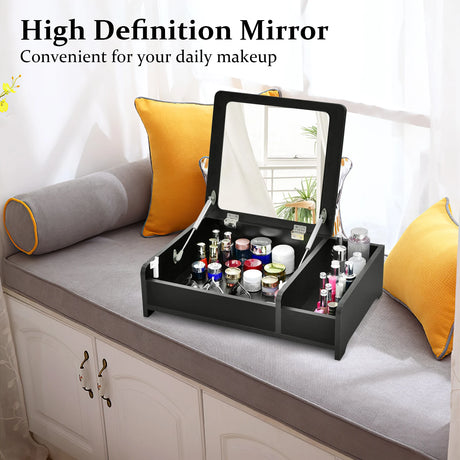 Compact Bay Window Makeup Dressing Table with Flip-Top Mirror-Black