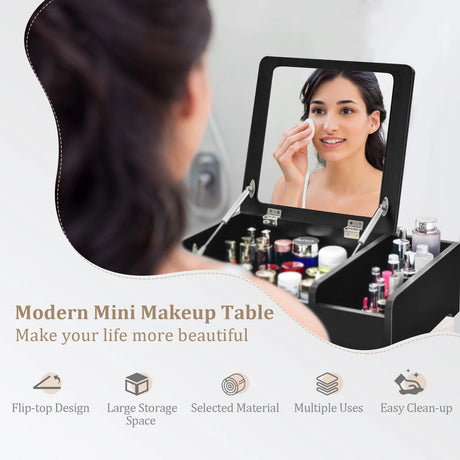Compact Bay Window Makeup Dressing Table with Flip-Top Mirror-Black