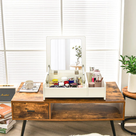 Countertop Vanity Dresser with Flip-Top Mirror and Multifunctional Storage Box for Bedroom