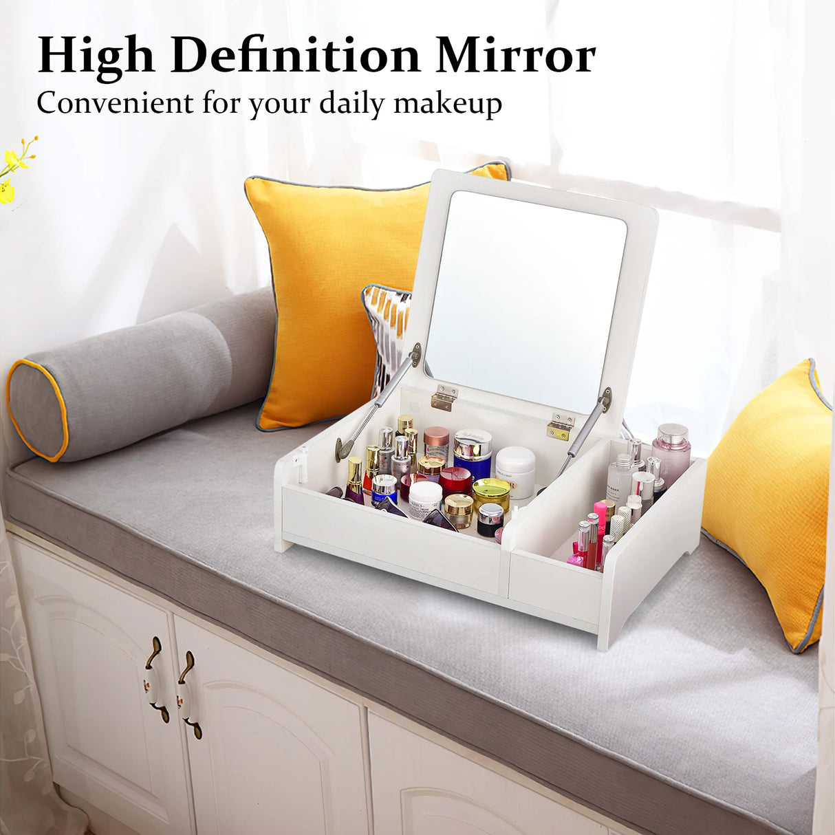 Countertop Vanity Dresser with Flip-Top Mirror and Multifunctional Storage Box for Bedroom