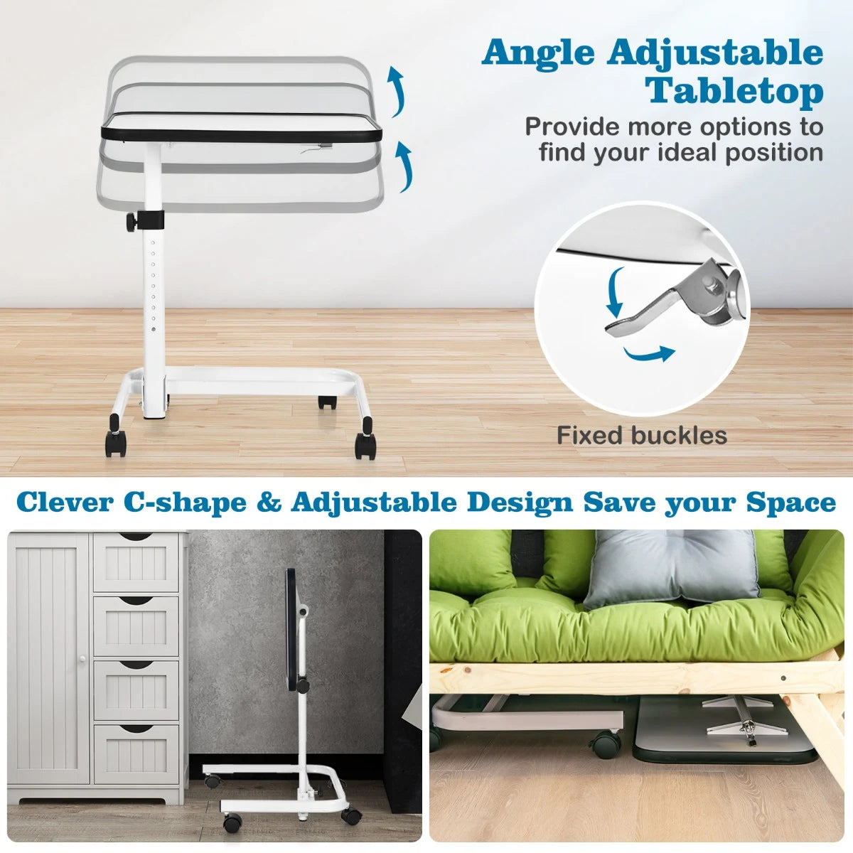 Portable Bedside Table with 9-Level Adjustable Height-White