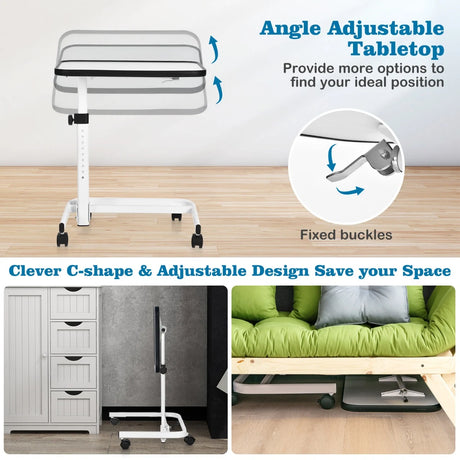Portable Bedside Table with 9-Level Adjustable Height-White