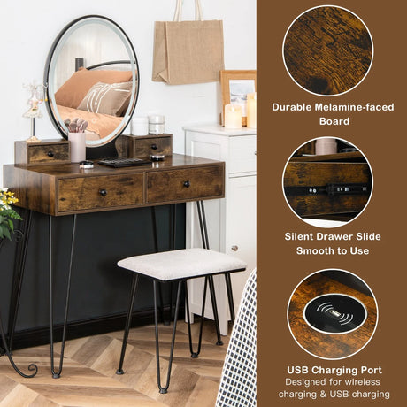 Vanity Table Set with 3-Color Lighted Dimmable Mirror-Rustic Brown