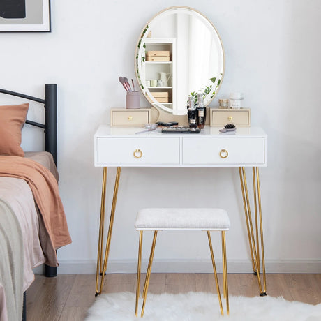 Vanity Table Set with 3-Color Lighted Dimmable Mirror-White