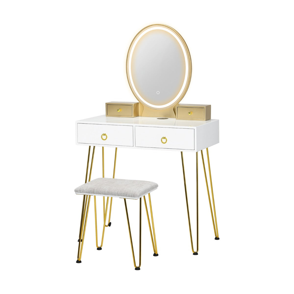 Vanity Table Set with 3-Color Lighted Dimmable Mirror-White