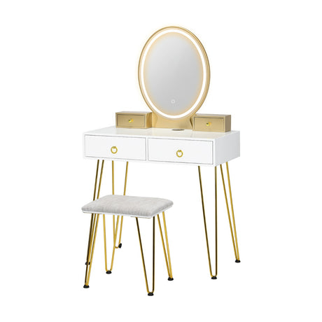 Vanity Table Set with 3-Color Lighted Dimmable Mirror-White