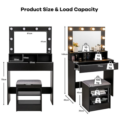 Modern Dressing Table Set with LED Lights Mirror Drawer and Shelves-Black