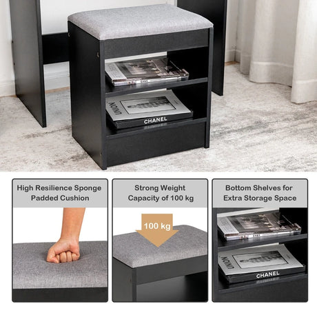 Modern Dressing Table Set with LED Lights Mirror Drawer and Shelves-Black