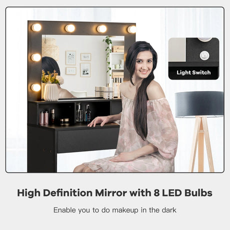 Modern Dressing Table Set with LED Lights Mirror Drawer and Shelves-Black