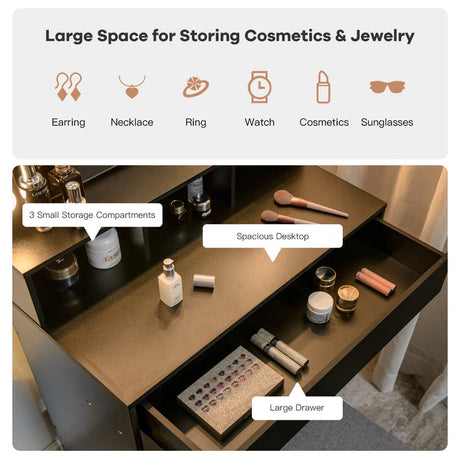 Modern Dressing Table Set with LED Lights Mirror Drawer and Shelves-Black