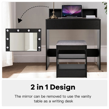 Modern Dressing Table Set with LED Lights Mirror Drawer and Shelves-Black