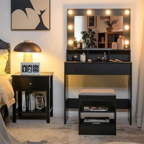 Modern Dressing Table Set with LED Lights Mirror Drawer and Shelves-Black