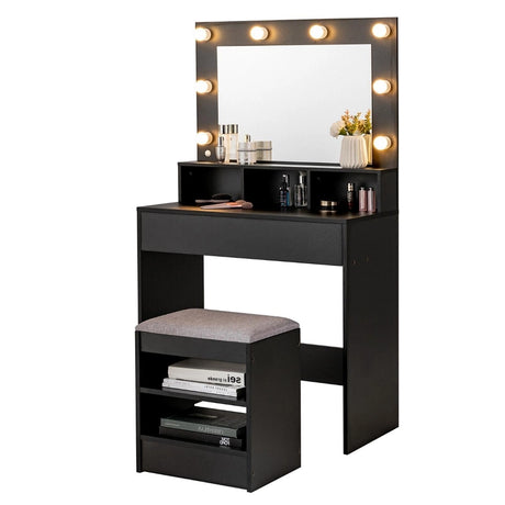 Modern Dressing Table Set with LED Lights Mirror Drawer and Shelves-Black