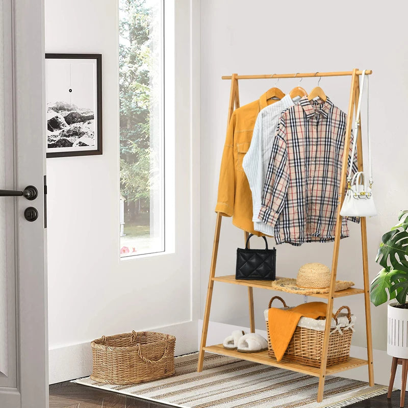 Bamboo Garment Rack with Hanging Rod & 2 Storage Shelves