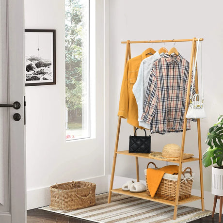 Bamboo Garment Rack with Hanging Rod & 2 Storage Shelves