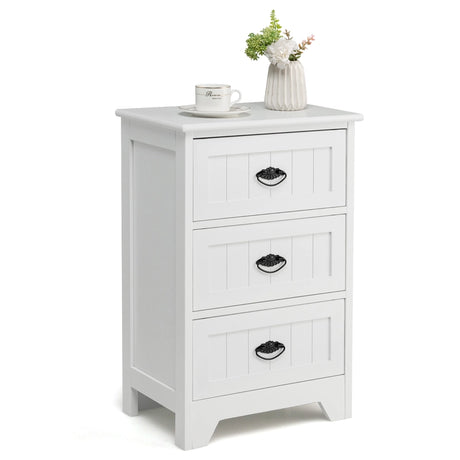 3-Drawer Vintage Bedside Table with Metal Handles &amp; Anti-toppling Device-White