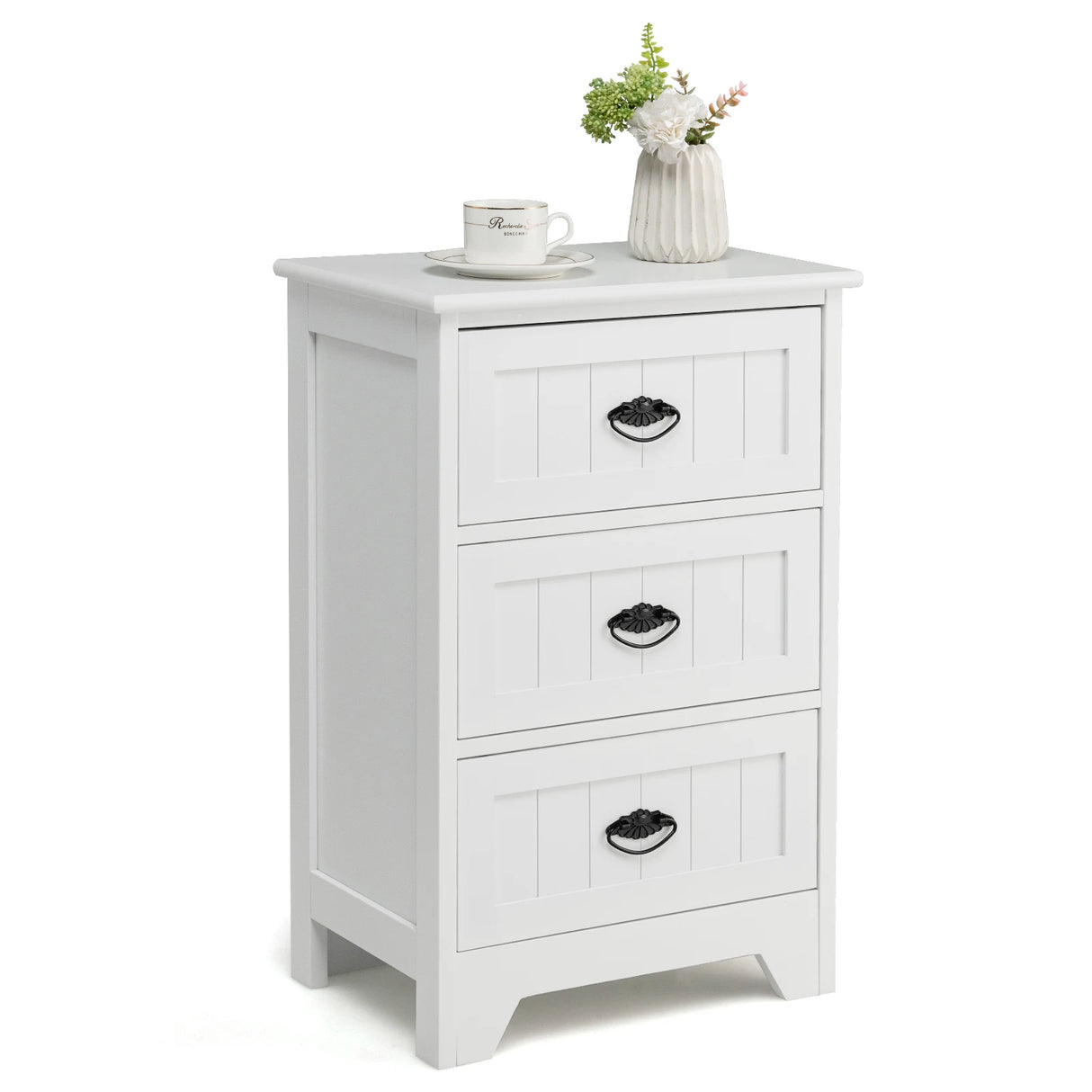 3-Drawer Vintage Bedside Table with Metal Handles &amp; Anti-toppling Device-White