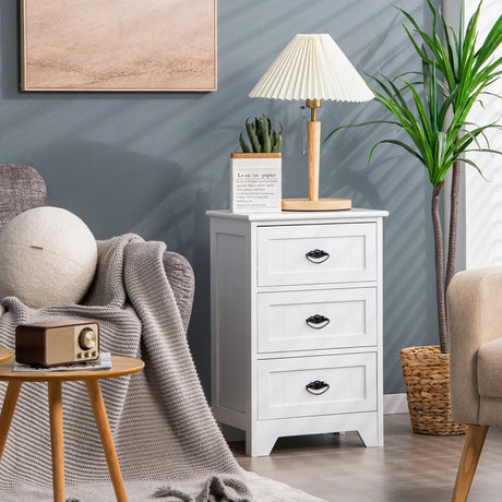 3-Drawer Vintage Bedside Table with Metal Handles &amp; Anti-toppling Device-White