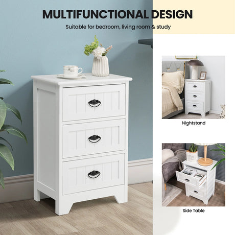 3-Drawer Vintage Bedside Table with Metal Handles &amp; Anti-toppling Device-White