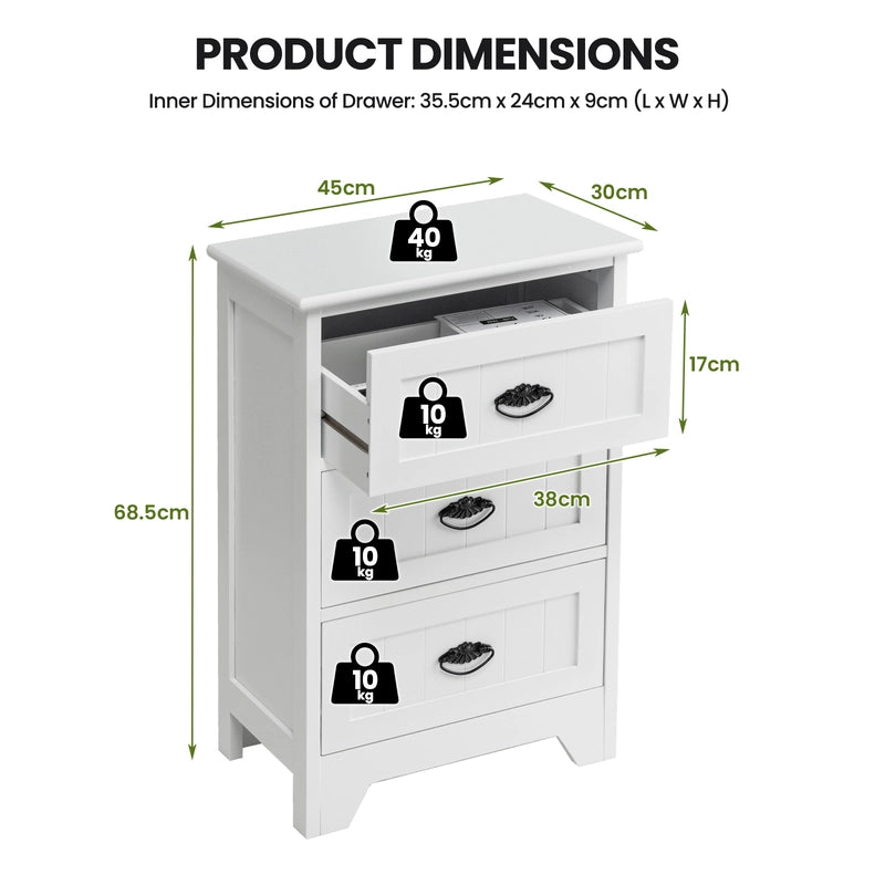 3-Drawer Vintage Bedside Table with Metal Handles &amp; Anti-toppling Device-White