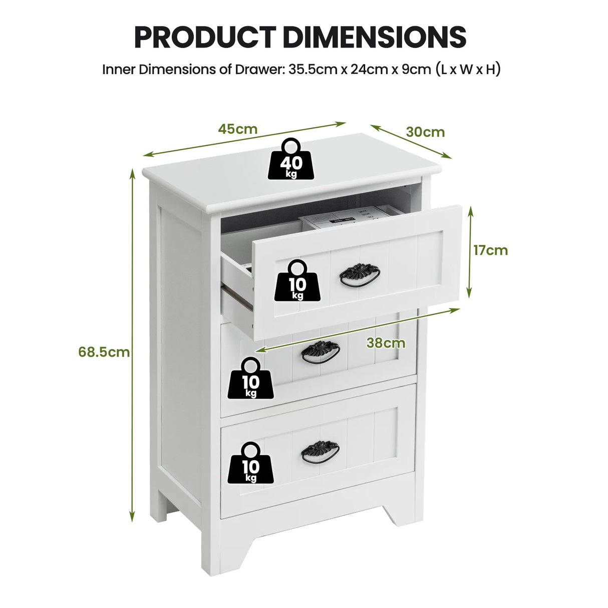 3-Drawer Vintage Bedside Table with Metal Handles &amp; Anti-toppling Device-White