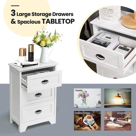 3-Drawer Vintage Bedside Table with Metal Handles &amp; Anti-toppling Device-White