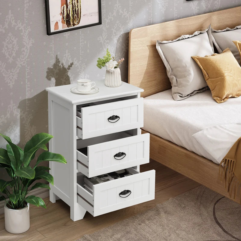 3-Drawer Vintage Bedside Table with Metal Handles &amp; Anti-toppling Device-White