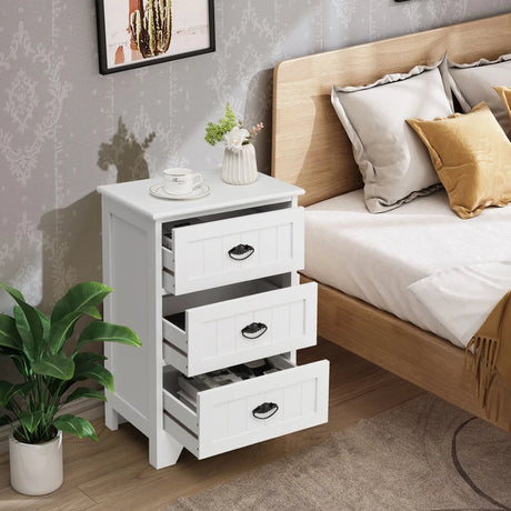 3-Drawer Vintage Bedside Table with Metal Handles &amp; Anti-toppling Device-White