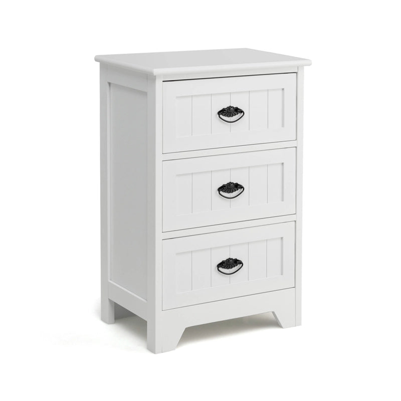 3-Drawer Vintage Bedside Table with Metal Handles &amp; Anti-toppling Device-White