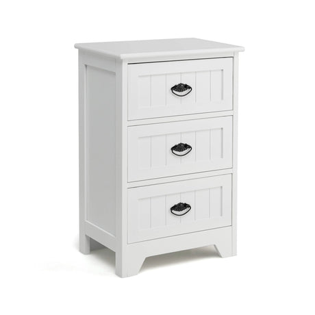 3-Drawer Vintage Bedside Table with Metal Handles &amp; Anti-toppling Device-White