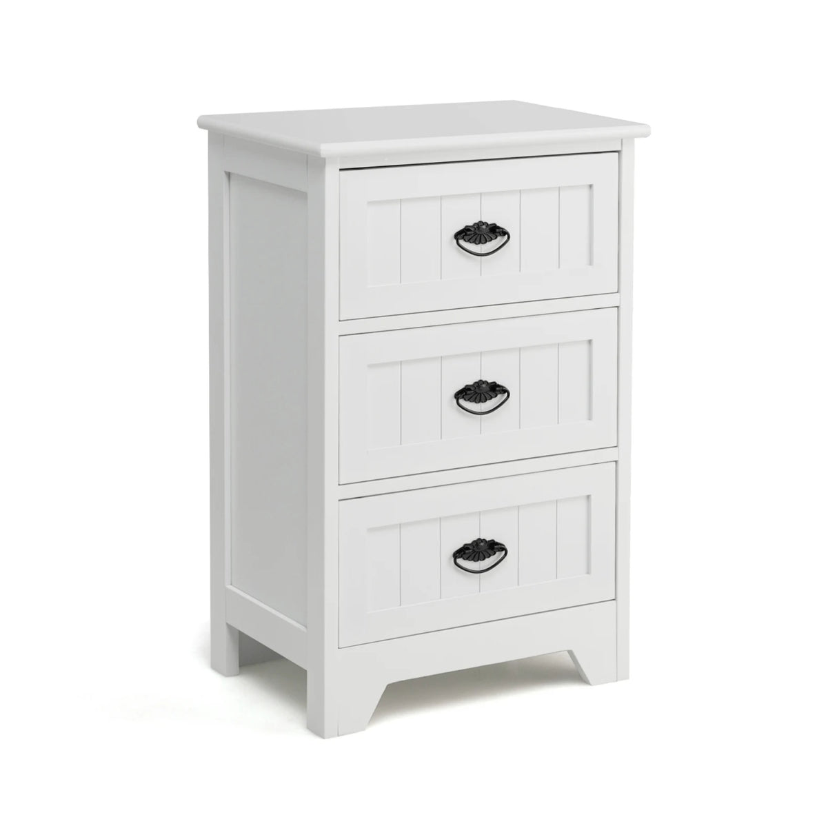 3-Drawer Vintage Bedside Table with Metal Handles &amp; Anti-toppling Device-White