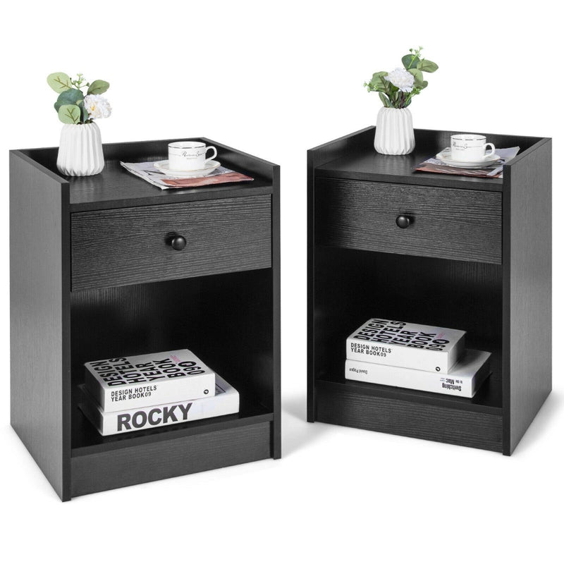 Set of 2 Nightstand with 1 Drawer and Storage Compartment