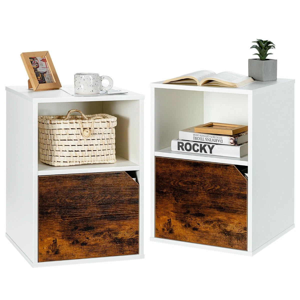 Set of 2 Bedside Table with Open Compartment for Bedroom
