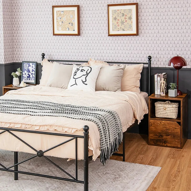 Set of 2 Bedside Table with Open Compartment for Bedroom