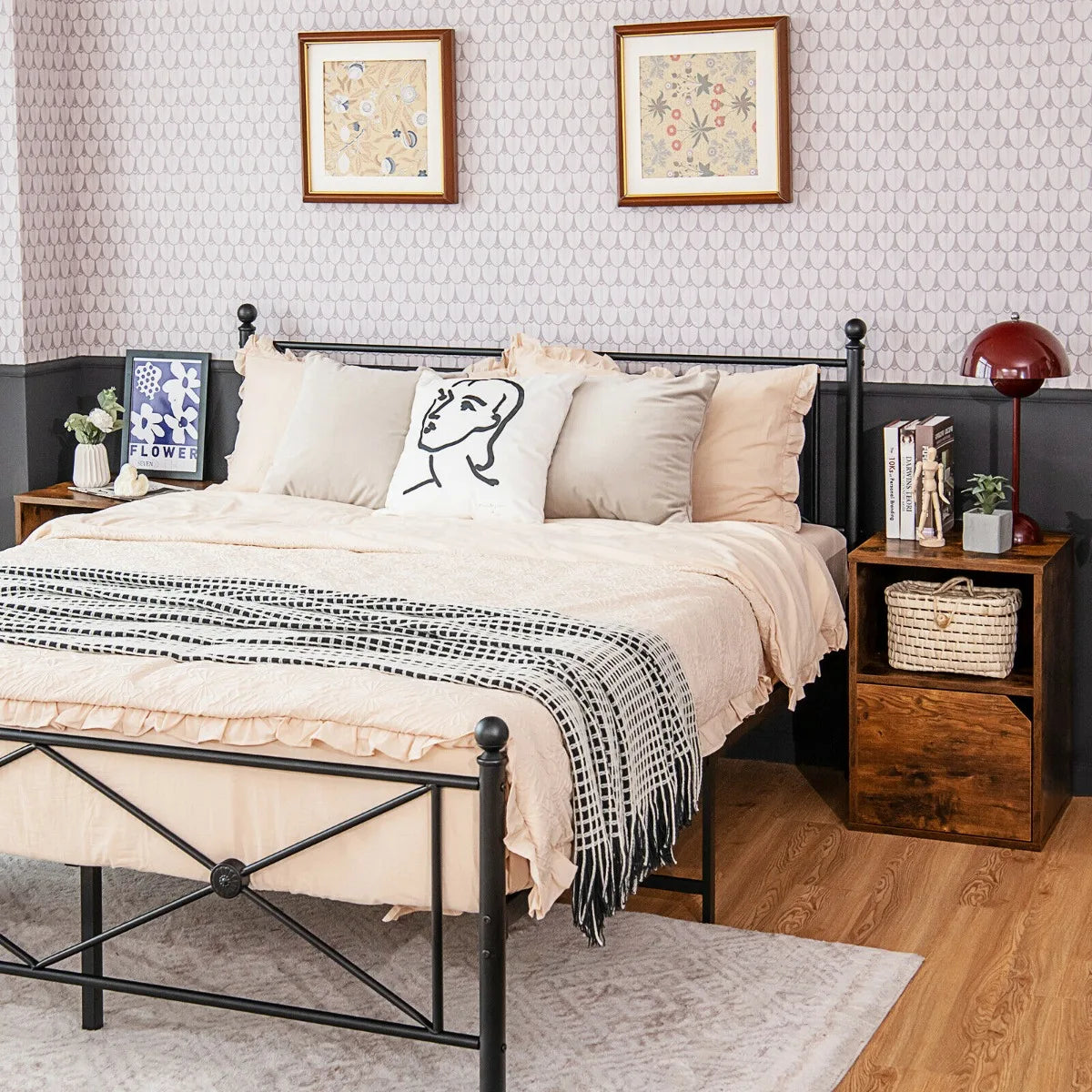 Set of 2 Bedside Table with Open Compartment for Bedroom