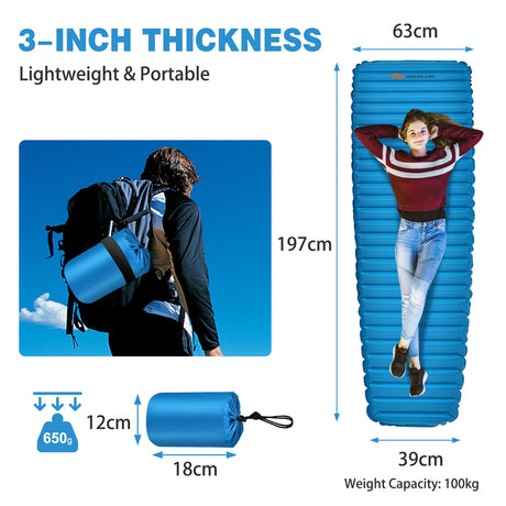 7cm Thick Inflating Camping Mat with Carrying Bag for Backpacking and Hiking-Blue