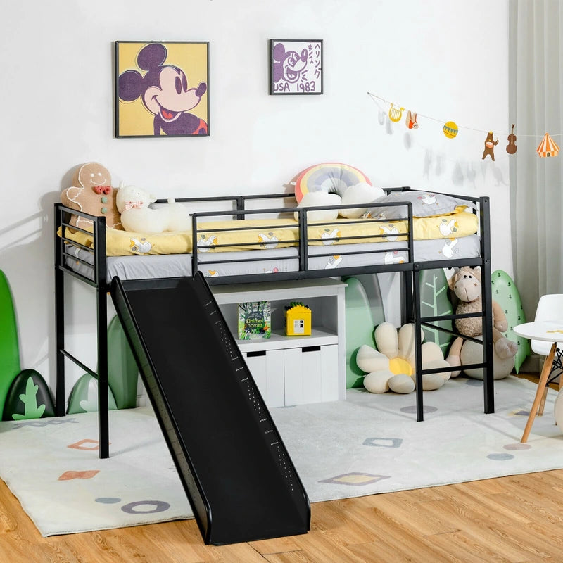 Sliding Loft Children Single Bed with Stairs and Safety Guardrails-Black