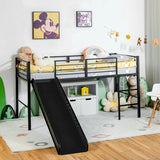 Sliding Loft Children Single Bed with Stairs and Safety Guardrails-Black