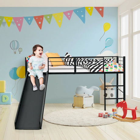 Sliding Loft Children Single Bed with Stairs and Safety Guardrails-Black