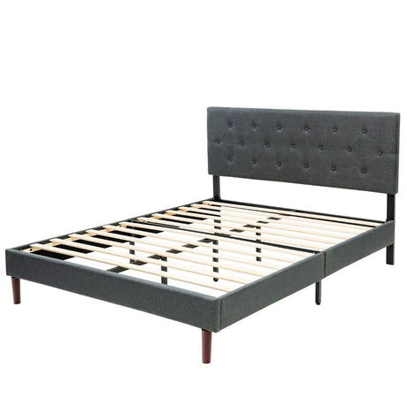 Button Tufted Linen Upholstered King Size Bed Frame with Headboard-Grey