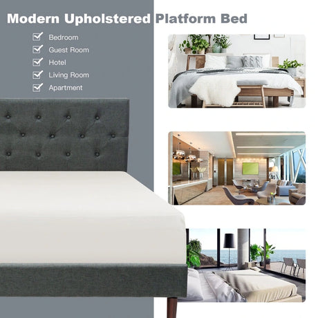 Button Tufted Linen Upholstered King Size Bed Frame with Headboard-Grey