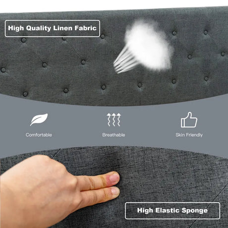 Button Tufted Linen Upholstered King Size Bed Frame with Headboard-Grey
