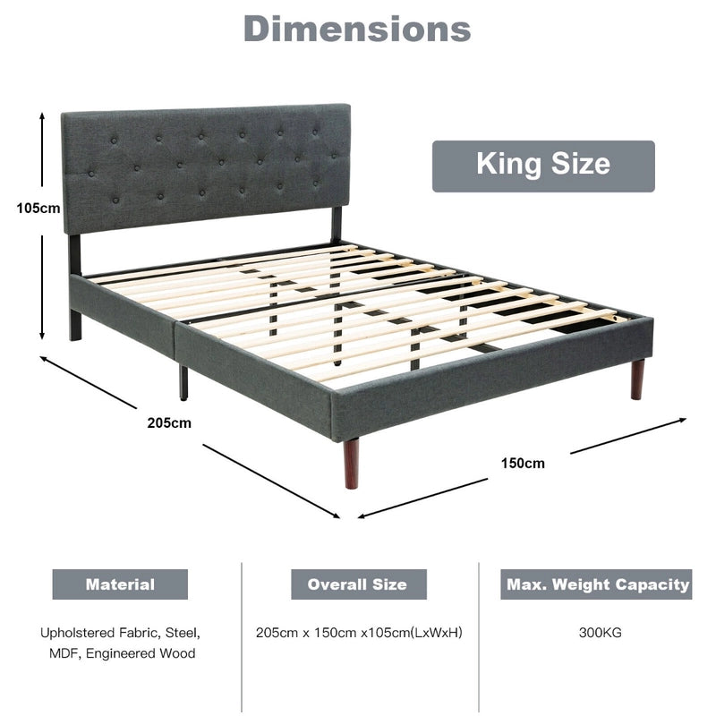 Button Tufted Linen Upholstered King Size Bed Frame with Headboard-Grey