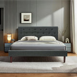 Button Tufted Linen Upholstered King Size Bed Frame with Headboard-Grey