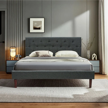 Button Tufted Linen Upholstered King Size Bed Frame with Headboard-Grey