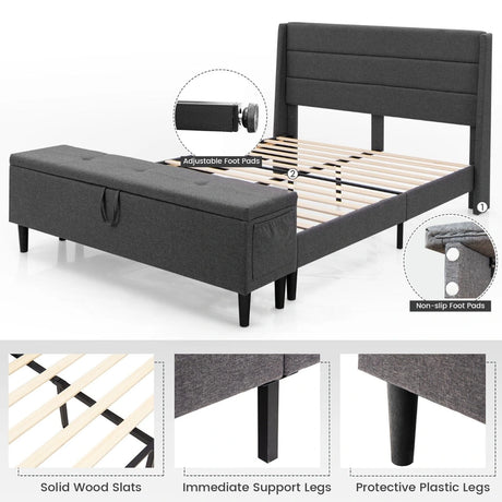 Upholstered Double Bed Frame with Ottoman Bench and Headboard-Grey