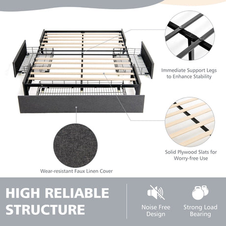 King Size Bed Frame with 3 Underbed Storage Drawers-Grey